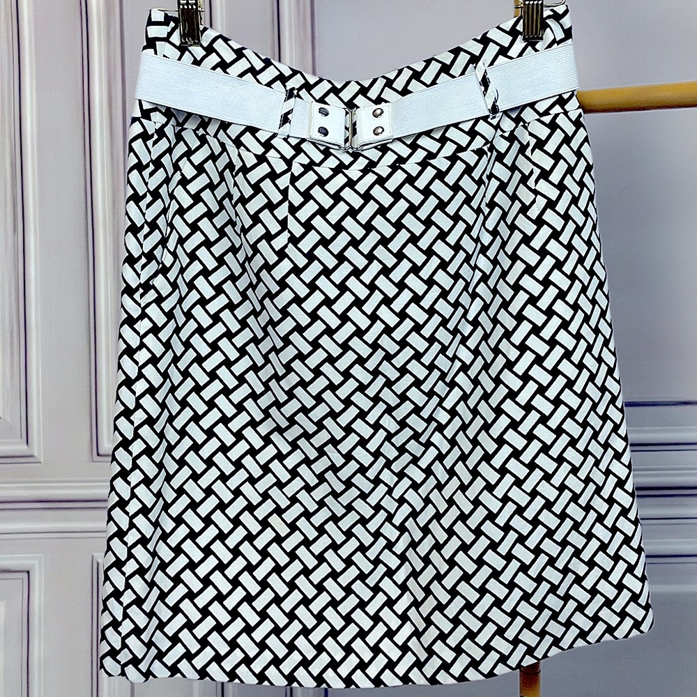 ANTONIO MELANI  - Belted White & Black Printed Skirt with Back Slit + Pockets
